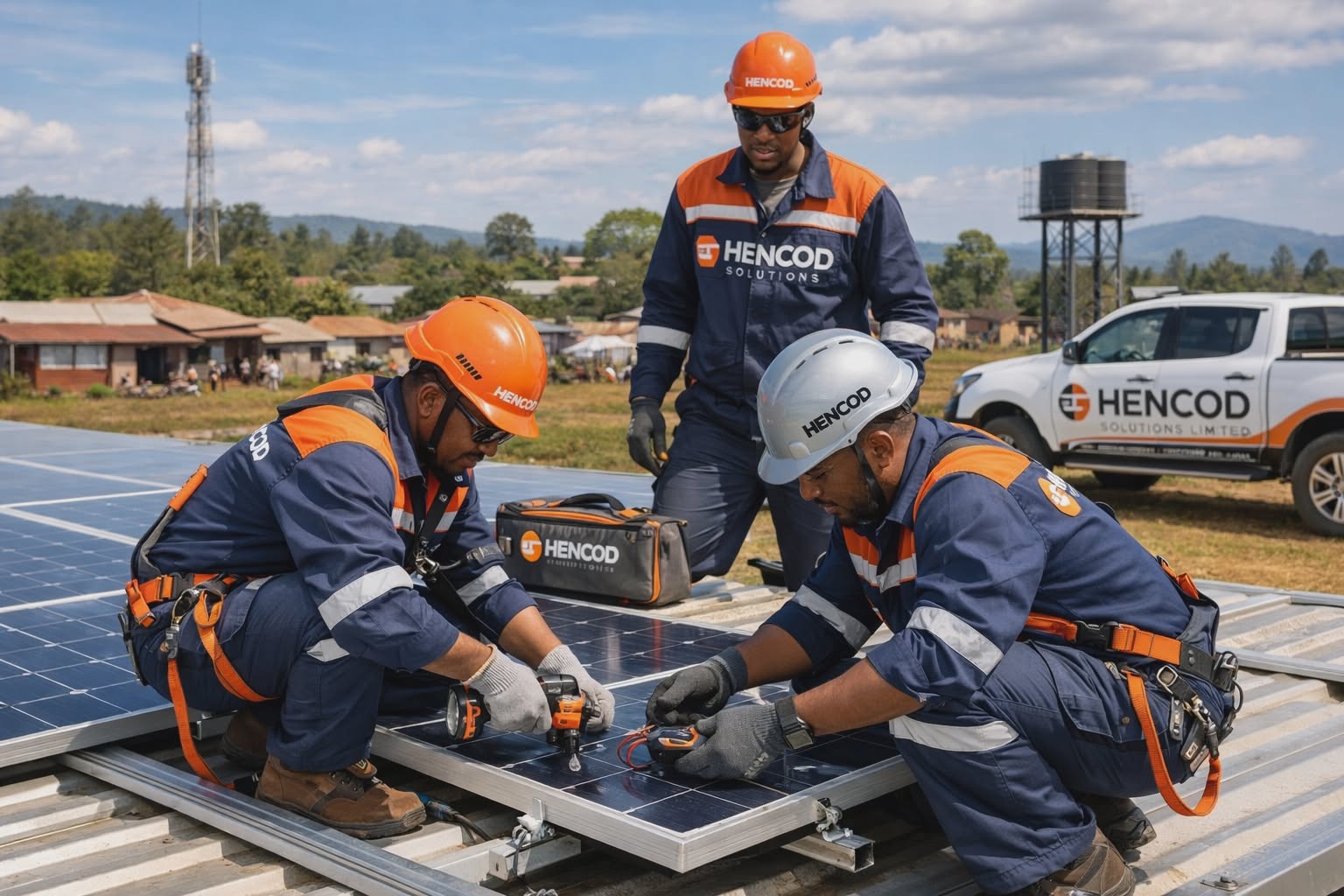 Hencod Solutions technicians installing solar panels in Kenya